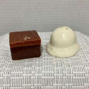 Brownie and scoop of vanilla ice cream salt and pepper shakers